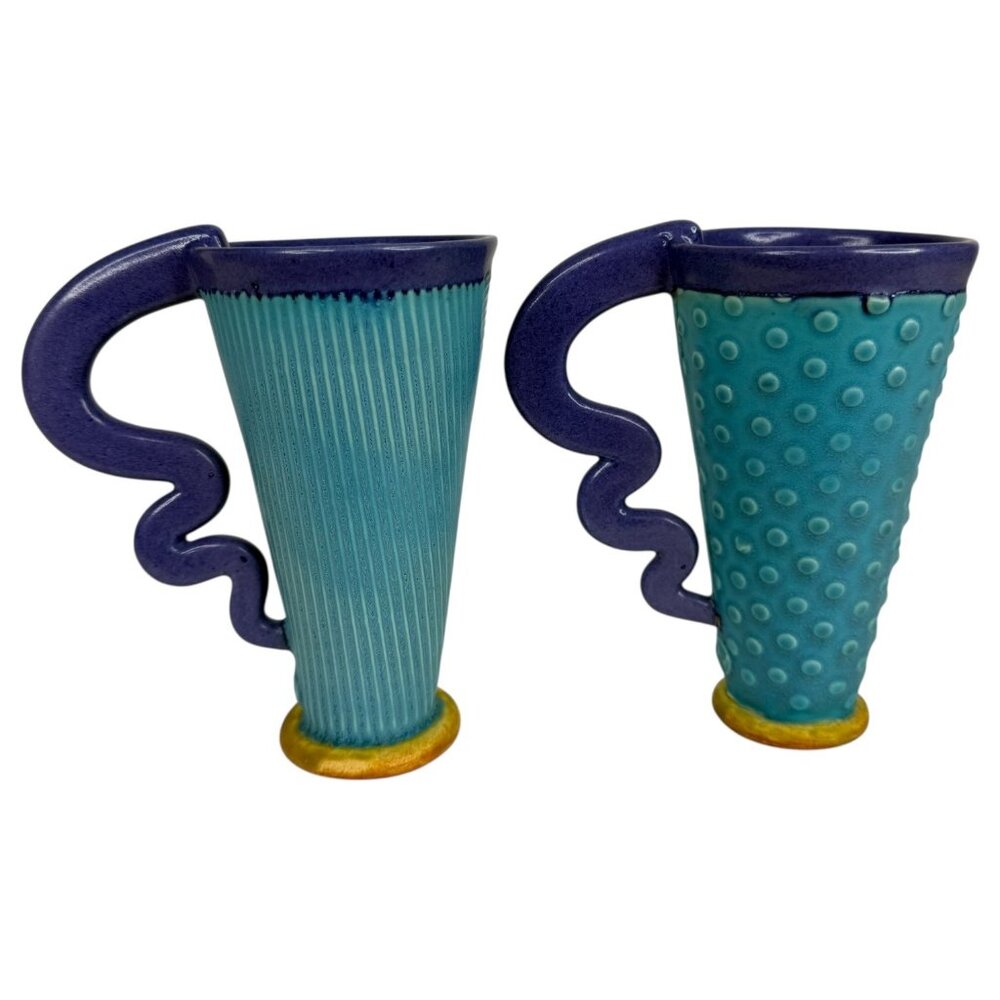 Margo West Studio Pottery Coffee Mugs Set Of 2 Art Deco Style Blue Purple - Picture 5 of 8